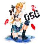  1girl antenna_hair boots breasts brown_hair female fingerprint gloves gun highres highschool_of_the_dead knee_pads large_breasts long_hair miyamoto_rei official_art pistol red_eyes satou_shouji school_uniform short_skirt skirt smile solo torn_clothes weapon wet 