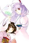  :3 alternate_costume animal_ears bullet carrot h322 highres inaba_tewi japanese_clothes jewelry kimono lavender_hair long_hair multiple_girls necklace red_eyes reisen_udongein_inaba ritz_(h322) smile touhou 