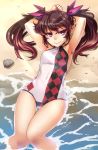  armpits arms_up beach brown_hair hair_ribbon himekaidou_hatate looking_at_viewer lying on_back one-piece_swimsuit red_eyes ribbon smile solo swimsuit taketora touhou twintails water wet 