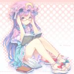  abyss_of_parliament adapted_costume adjusting_glasses alternate_costume anklet bespectacled book bow crescent glasses hair_bow hat highres jewelry looking_at_viewer north_abyssor patchouli_knowledge purple_eyes purple_hair sandals sitting solo touhou violet_eyes 
