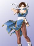  bad_id boots bracelet brown_eyes brown_hair bun_cover china_dress chinese_clothes chun-li double_bun highres jewelry pantyhose solo spiked_bracelet spikes street_fighter tamamon 