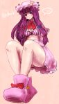  1girl bare_legs blush bow breasts cleavage crescent foreshortening hair_bow hat long_hair patchouli_knowledge payot pltrgst purple_eyes purple_hair sitting solo touhou violet_eyes 