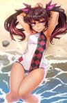  armpits arms_up beach bow brown_hair hair_bow hair_ribbon himekaidou_hatate long_hair looking_at_viewer lying on_back one-piece_swimsuit pointy_ears red_eyes ribbon smile solo swimsuit taketora tan touhou twintails water wet 