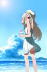  ahoge beach cloud clouds eating erubo hat long_hair original popsicle red_eyes shaved_ice silver_hair sky sleeveless solo standing sun water 