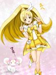  alternate_hairstyle bike_shorts blonde_hair candy_(smile_precure!) color_connection cosplay cure_peace cure_peace_(cosplay) double_v earrings fuuma_nagi jewelry kyubey long_hair mahou_shoujo_madoka_magica open_mouth precure ribbon skirt smile smile_precure! tiara tomoe_mami v yellow_eyes 