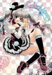  absurdres ankle_cuffs ankle_ribbon braid cat checkered checkered_background copyright_request frills garters grey_hair hair_ribbon hat highres izumi_tsubasu lace leg_garter legs lolita_fashion purple_eyes ribbon socks solo twin_braids violet_eyes 