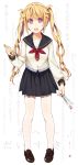  1girl :d blonde_hair blood blood_on_face harunoibuki holding long_hair looking_at_viewer open_mouth original pen pencil purple_eyes ruler school_uniform skirt smile solo translated twintails violet_eyes yandere 