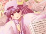  :p blush book bookshelf bow crescent hat highres kose_takashi long_hair long_sleeves patchouli_knowledge purple_eyes purple_hair solo tongue touhou violet_eyes wide_sleeves 