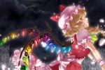  ascot blonde_hair bow cloud clouds crystal flandre_scarlet hat hat_bow hat_ribbon karoxxth night petals puffy_sleeves red_eyes ribbon short_hair short_sleeves side_ponytail solo touhou wings wrist_cuffs 