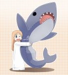  blonde_hair blue_eyes child hakase_(nichijou) highres hug labcoat long_hair nichijou oversized_clothes polka_dot polka_dot_background professor_shinonome shark sharkbro wink 