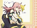  1girl blonde_hair blue_eyes boots detached_sleeves emoticon green_eyes hug hug_from_behind kagamine_len keishi long_hair looking_at_viewer megurine_luka midriff open_mouth pink_hair short_hair sweat vocaloid wink 