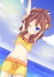  ;) arm_up blue_eyes brown_hair dutch_angle highres lens_flare ocean pokemon pokemon_(game) pokemon_bw sky snowcanvas swimsuit tankini touko_(pokemon) wink 