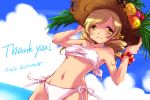  bikini blonde_hair breasts drill_hair food fruit hat mahou_shoujo_madoka_magica musukichi ocean side-tie_bikini solo straw_hat swimsuit tomoe_mami twin_drills yellow_eyes 