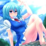  bare_legs barefoot blue_eyes blue_hair breasts cirno highres hot mouth_hold popsicle short_hair sitting solo sunlight sweat touhou watarui wings 