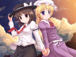  blonde_hair brown_eyes brown_hair cloud clouds hand_holding hand_on_hat hat hat_ribbon highres holding_hands looking_at_viewer lzh maribel_hearn multiple_girls necktie open_mouth purple_eyes ribbon shirt skirt sky smile star_(sky) sunset touhou usami_renko violet_eyes wind wind_lift 
