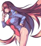 blue_eyes breasts hand_on_hip long_hair original red_hair redhead saiste simple_background solo thighs white_background 