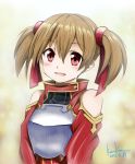  :d artist_name blush breastplate brown_hair hair_ribbon highres kem_kem open_mouth red_eyes ribbon short_twintails silica smile solo sword_art_online twintails 