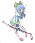  &#9320; ? bandaid blue_eyes blue_hair bow cirno gloves hair_bow hockey_stick ice_hockey ice_skates middle_finger missing_tooth national_hockey_league pan!ies pointing pointing_at_self short_hair skates socks solo sportswear touhou vancouver_canucks ã¢â€˜â¨ â‘¨ 