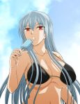  bikini_top breasts bust cloud clouds kenji_t1710 large_breasts long_hair looking_at_viewer open_mouth popsicle red_eyes selvaria_bles senjou_no_valkyria silver_hair sky solo sweat tongue under_boob underboob 