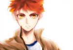  backlighting emiya_shirou fate/stay_night fate_(series) male red_hair redhead school_uniform simple_background solo warakusa white_background yellow_eyes 