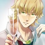  barnaby_brooks_jr blonde_hair cup glasses green_eyes h-saiga jacket jewelry looking_at_viewer male necklace red_jacket solo tiger_&amp;_bunny wine_glass 