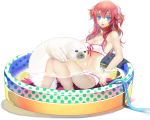  bare_shoulders bikini blue_eyes breasts cleavage highres hose long_hair navel nicole open_mouth original partially_submerged red_hair redhead seal sitting solo swimsuit two_side_up wading_pool white_bikini 