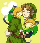  2boys blonde_hair blue_eyes carrying earrings gloves hat jewelry link multiple_boys multiple_persona muse_(rainforest) pointy_ears sleeping smile tail the_legend_of_zelda toon_link twilight_princess wind_waker 