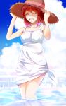  ^_^ brown_hair closed_eyes dress eyes_closed hagiwara_yukiho hands_on_hat hat idolmaster nira_(vira) partially_submerged short_hair solo straw_hat water white_dress 