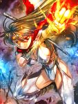  armlet armor breasts brown_hair fire flame foreshortening highres katana long_hair ninja original parted_lips raymon red_eyes running scarf sword thighs weapon 