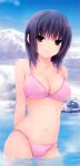  absurdres aoyama_sumika arms_behind_back bikini black_hair breasts brown_eyes cleavage coffee-kizoku cropped highres light_smile looking_at_viewer mound_of_venus navel original partially_submerged pink_bikini scan short_hair solo swimsuit water 