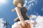  bad_id blush breasts brown_eyes brown_hair cloud clouds dog from_below hand_on_head looking_down nanaku_teiru open_clothes open_jacket original short_hair skirt sky sleeves_pushed_up solo telephone_pole 