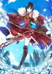  armor bellezza_felutia black_hair blue_eyes boots cape heterochromia long_hair male original red_eyes skirt solo sword trap weapon 