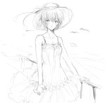  ayanami_rei bare_shoulders blush breasts cleavage dress hat ladymarta monochrome neon_genesis_evangelion railing short_hair sketch solo straw_hat sundress 