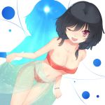  ;d bandeau bikini black_hair bracelet braid breasts cleavage holding jewelry looking_at_viewer navel open_mouth original red_bikini red_eyes sarong see-through short_hair single_braid skindentation smile solo sts swimsuit thigh_gap wink 