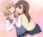  2girls black_hair blue_eyes brown_eyes brown_hair multiple_girls oomuro_nadeshiko oomuroke school_uniform shishinon short_hair yaena_miho yuru_yuri 