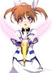  :o brown_hair dress fingerless_gloves gloves hair_ribbon highres lyrical_nanoha magical_girl mahou_shoujo_lyrical_nanoha mahou_shoujo_lyrical_nanoha_a&#039;s mahou_shoujo_lyrical_nanoha_a's mahou_shoujo_lyrical_nanoha_the_movie_2nd_a&#039;s mahou_shoujo_lyrical_nanoha_the_movie_2nd_a's open_mouth oruton puffy_sleeves purple_eyes raising_heart ribbon short_twintails solo takamachi_nanoha twintails violet_eyes white_background wings 