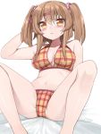 breasts brown_hair cleavage collarbone erubo hair_ornament hairclip hairpin long_hair navel original plaid sitting solo spread_legs twintails two_side_up white_background yellow_eyes 
