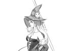 anonymous_drawfag bare_shoulders breasts cleavage corset detached_sleeves earrings hair_ornament hat highres jewelry long_hair luminous_arc monochrome profile skull_hair_ornament solo staff vanessa_(luminous_arc) very_long_hair witch_hat 