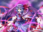  absurdres ascot bandage bandages bat_wings blue_hair chain chains hat hat_ribbon highres petals polearm puffy_sleeves red_eyes remilia_scarlet ribbon short_hair short_sleeves smile solo spear spear_the_gungnir touhou weapon wings wrist_cuffs 