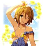  ;d arm_up bikini blush breasts brown_hair collarbone flower k-on! open_mouth overalls shian_(my_lonly_life.) short_hair smile solo swimsuit tainaka_ritsu wink 