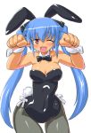  animal_ears armpits bare_shoulders blue_hair blush bow bowtie breasts bunny_ears bunny_tail bunnysuit busou_shinki cleavage dd_(artist) detached_collar fang hair_ornament long_hair open_mouth pantyhose pointy_ears rabbit_ears red_eyes simple_background solo strarf tail twintails very_long_hair wide_hips wink wrist_cuffs 