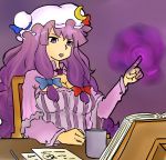  book bow breasts cleavage crescent cup hair_bow hat large_breasts latenight long_hair magic nightgown notes patchouli_knowledge payot purple_eyes purple_hair raised_finger reading sitting solo touhou very_long_hair violet_eyes 