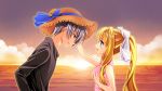  1girl air blonde_hair blue_eyes hana_(apple_water) hat highres kamio_misuzu kunisaki_yukito long_hair petting short_hair silver_hair sunset 