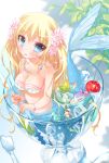  :d blonde_hair blue_eyes blush breasts cherry cleavage flower food fruit glass hair_flower hair_ornament holding ice_cube long_hair looking_at_viewer mermaid monster_girl open_mouth original rubber_duck smile sodapop_(iemaki) solo spoon 