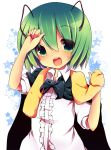 antennae arm_up bow cape deyu_(aytms) green_eyes green_hair looking_at_viewer open_mouth shirt short_hair short_sleeves solo star touhou towel_on_shoulders wriggle_nightbug 