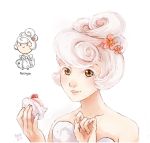  bare_arms blush_stickers bust chibi curly_hair dress dual_persona flower food food_themed_clothes hair_flower hair_ornament holding lips looking_at_viewer meago meringue original parted_lips personification portrait rough signature simple_background smile strapless_dress white_background white_dress white_hair yellow_eyes 