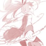  attack bare_shoulders detached_sleeves drawr grin hanokage magical_girl mahou_shoujo_madoka_magica monochrome pocky polearm ponytail red ribbon sakura_kyouko smile solo spear weapon 