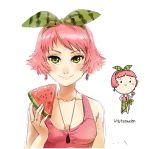  bangs bare_arms blush_stickers bow bust chibi dual_persona earrings food food_themed_clothes fruit green_eyes hair_bow hairband holding jewelry lips looking_at_viewer lowres meago necklace one-piece_swimsuit original pareo pendant personification pink_hair portrait rough sarong short_hair simple_background smile swept_bangs swimsuit watermelon watermelon_print white_background 