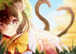  2girls amano_kenpi animal_ears bow brown_hair cat_ears cat_tail chen earrings fox_tail hat jewelry multiple_girls multiple_tails short_hair sketch smile tail touhou yakumo_ran 