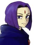  cape dc_comics forehead looking_at_viewer purple_eyes purple_hair raven_(dc) raven_(teen_titans) serious short_hair solo teen_titans tsujii violet_eyes white_background 